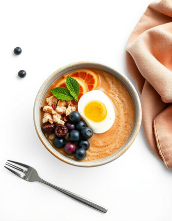 Healthy breakfast bowl with oatmeal porridge, berries and egg on white background