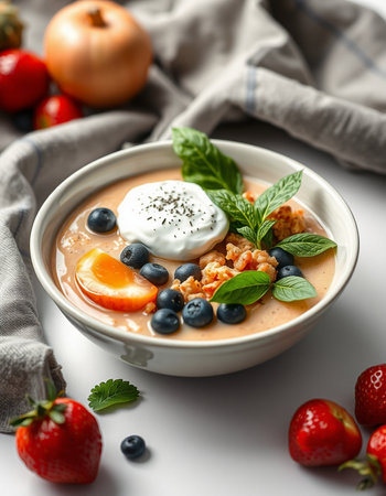 Tomato soup with blueberries and poached egg on white background
