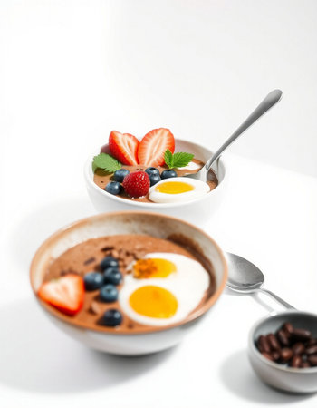 Chocolate smoothie bowl with strawberries, blueberries and oatmeal