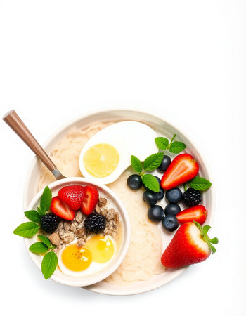 Oatmeal porridge with fresh berries and egg isolated on white background