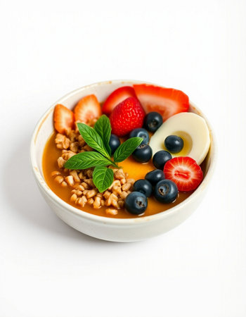 bowl of oatmeal porridge with fresh berries and milk isolated on white background