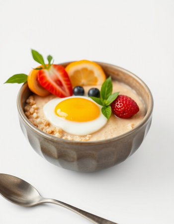 Oatmeal porridge with fresh berries and fried egg on white background