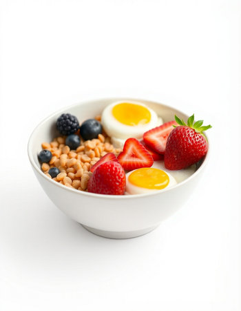 Healthy breakfast with oatmeal, eggs and berries on white background