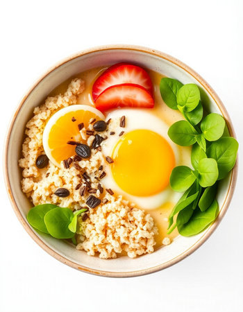 Breakfast with quinoa, egg and vegetables isolated on white background