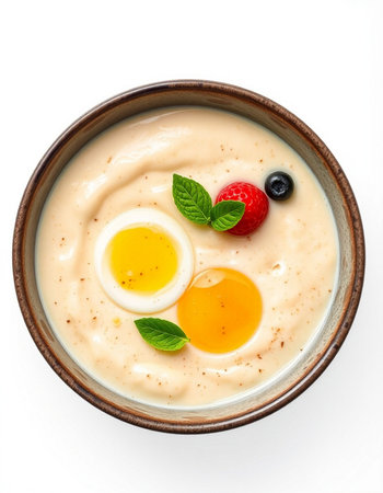 Bowl of yoghurt with fresh berries and eggs isolated on white background