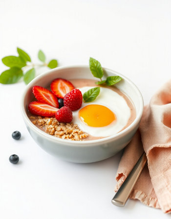 Yogurt with granola and berries in bowl, food closeup