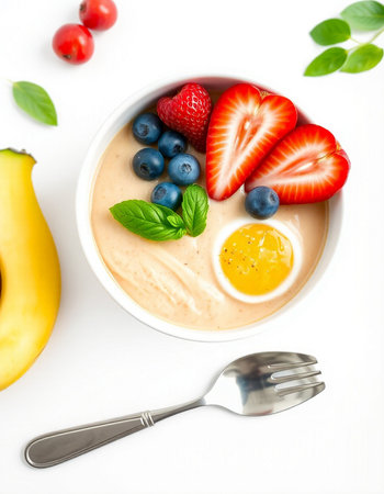 Healthy breakfast bowl with oatmeal, berries and fruits on white background