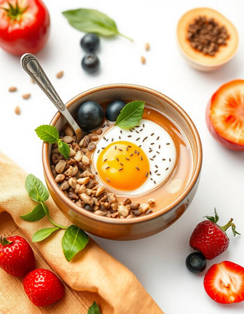 Healthy breakfast with muesli, eggs and berries on white background