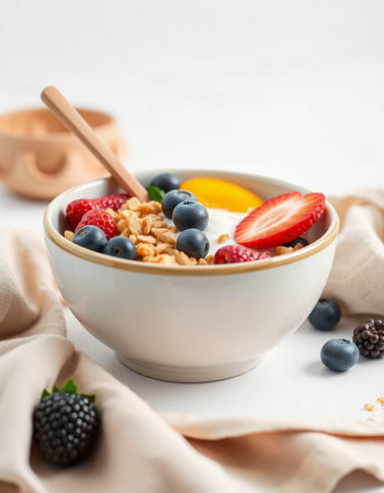 Bowl with tasty oatmeal and berries on table, closeup