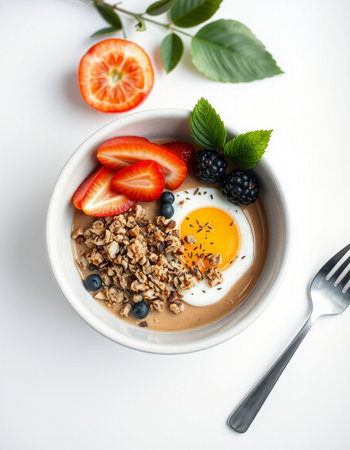 Healthy breakfast bowl with granola, yogurt and berries on white backgroundの写真素材