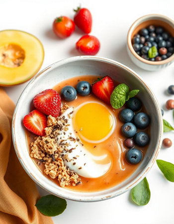 Healthy breakfast bowl with omelet, fresh berries and yogurt on white background