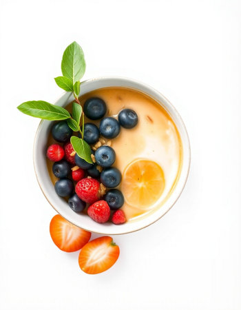 bowl of fruit and berry smoothie isolated on a white background