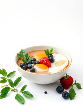 Bowl of oatmeal with berries and egg on a white background