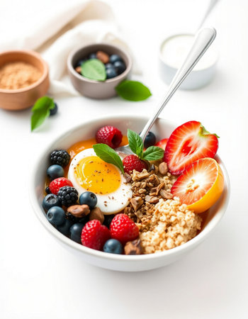 Breakfast bowl with oatmeal, fresh berries, eggs and muesli on white background