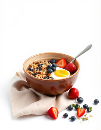 Bowl of muesli with fresh berries and egg on white background