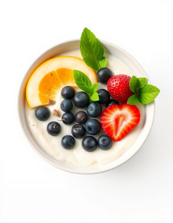 Yogurt with fresh berries and fruits isolated on a white background