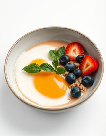 bowl of oatmeal with fresh berries and egg yolk on white background