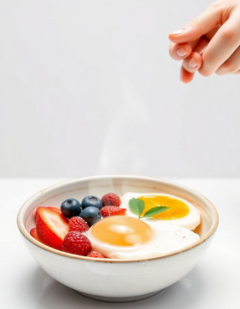 breakfast with fried eggs and berries in a bowl on a white background