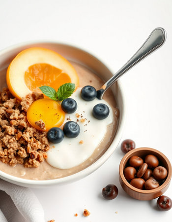 Bowl with tasty oatmeal, berries and spoon on white background