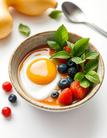 Fried eggs with fresh berries in a bowl on a white backgroundの写真素材