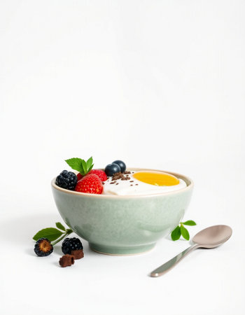 Healthy breakfast bowl with yogurt, fresh berries and honey on white background