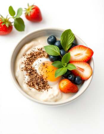 Healthy breakfast - oatmeal with fresh berries and mint on a white background