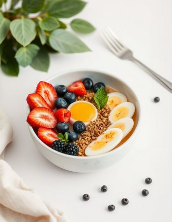 Healthy breakfast bowl with oatmeal, fresh berries and eggs.