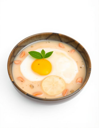 Thai dessert in coconut milk with fried egg on white background.