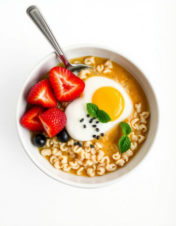 Bowl of oatmeal porridge with a fried egg and strawberries
