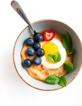 Bowl of omelet with berries and egg on white background