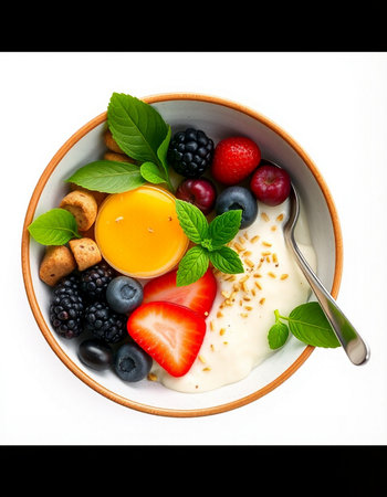 Healthy breakfast with yoghurt, fruit and berries on white background