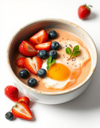 Breakfast bowl with yogurt, strawberries, blueberries and fried eggの写真素材