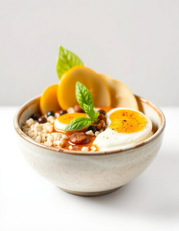 Oatmeal porridge with soft-boiled egg in a bowl