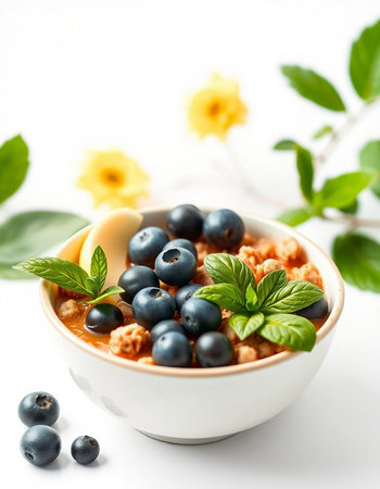 Muesli with blueberries and mint in a bowl on a white background