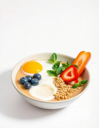 Fried eggs with berries and granola in a bowl on white background