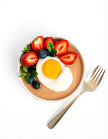 Fried egg with fresh berries on a plate isolated on white background