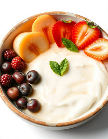 Bowl of yoghurt with fruits and berries on white background