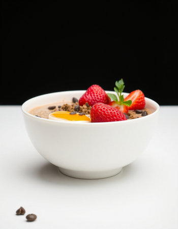 Muesli with fresh strawberries and egg in a bowl on a black backgroundの写真素材