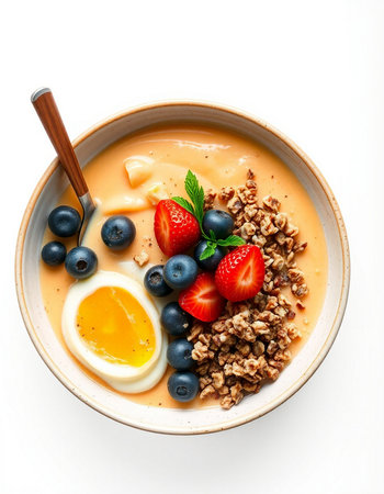 Healthy breakfast bowl with muesli, yogurt and berries isolated on white background