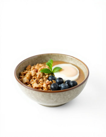 Bowl of granola with yogurt and blueberries on white background