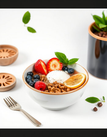 Healthy breakfast bowl with oatmeal, berries and ice cream on white background