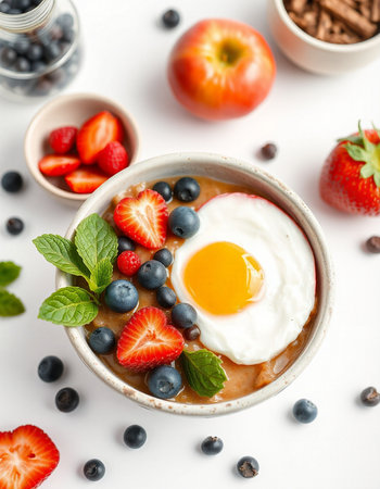 Bowl of oatmeal porridge with fresh berries and fried egg