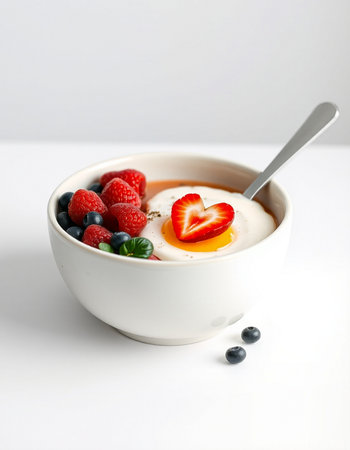 Yogurt with strawberries and blueberries in a bowl on a white background