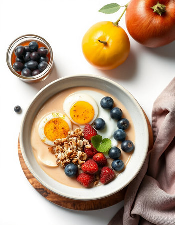 Healthy breakfast bowl with oatmeal, yogurt, berries and egg on white background