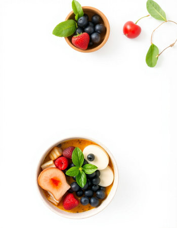 Creative food concept photo of oatmeal porridge with fruits and berries isolated on white...