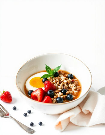 Healthy breakfast with oatmeal, berries and egg on white background