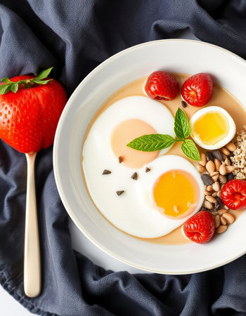 Breakfast with fried eggs, strawberries and nuts on a dark background