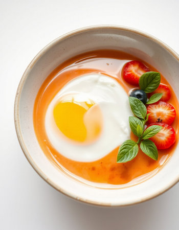 A bowl of strawberry sauce with egg and mint on a white background
