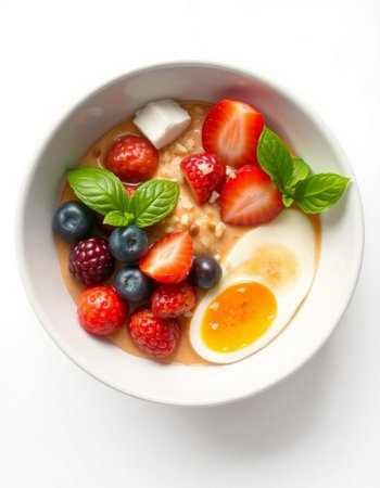 A bowl of oatmeal porridge with fresh berries and egg.
