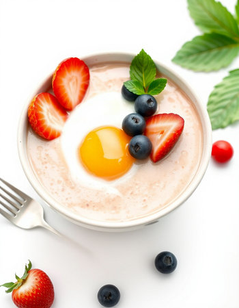 yogurt with strawberry, blueberry and egg in a bowl